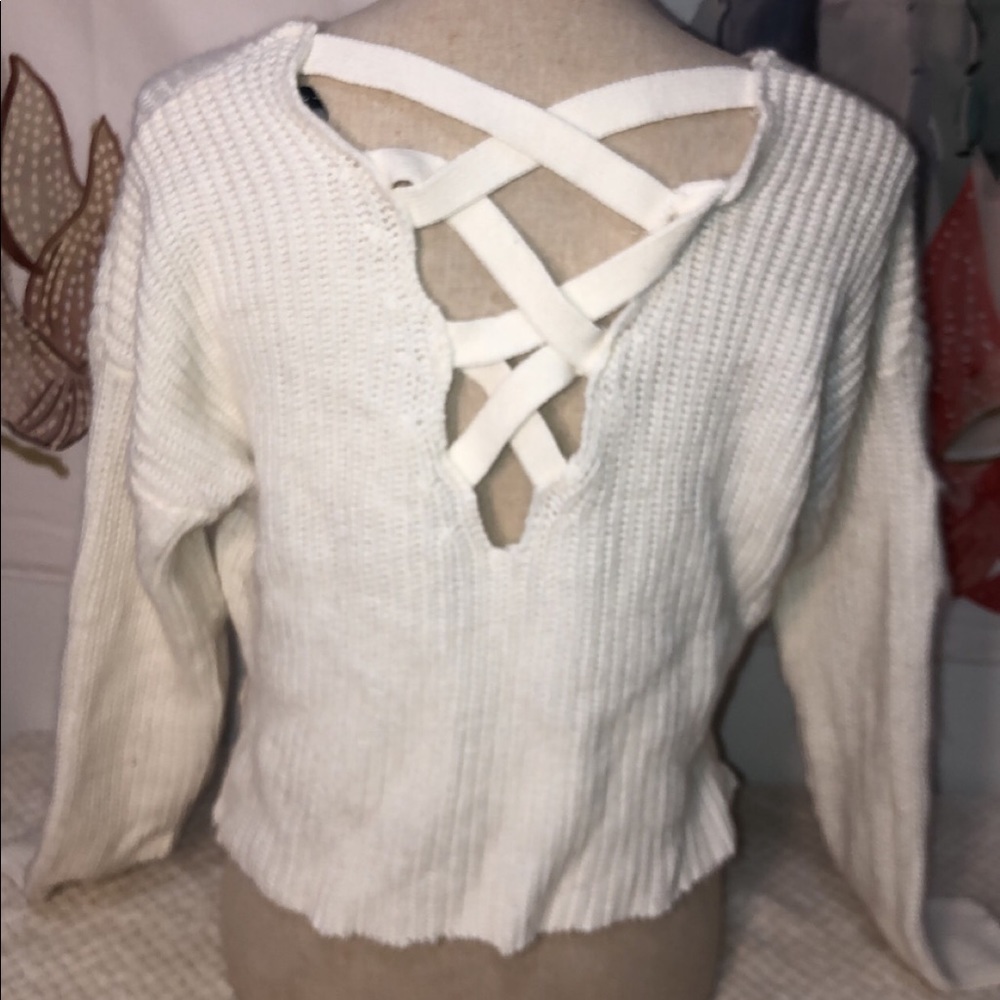Cross Back White Cropped Sweater